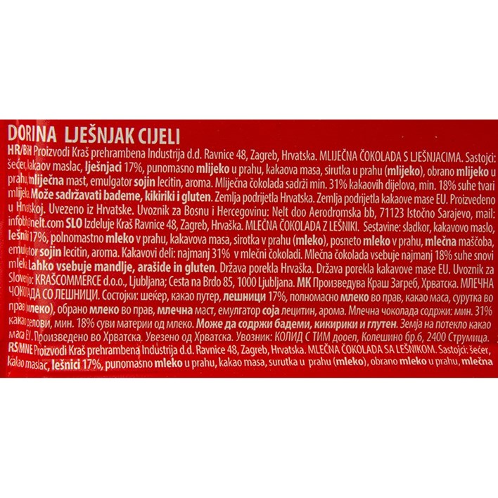 ČOKOLADA DORINA CIJELI LJEŠNJAK 220g RED KRAŠ