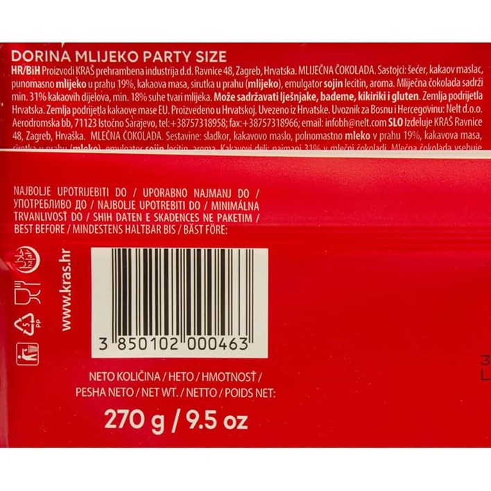 ČOKOLADA DORINA MLIJEKO PARTY SIZE 270g KRAŠ