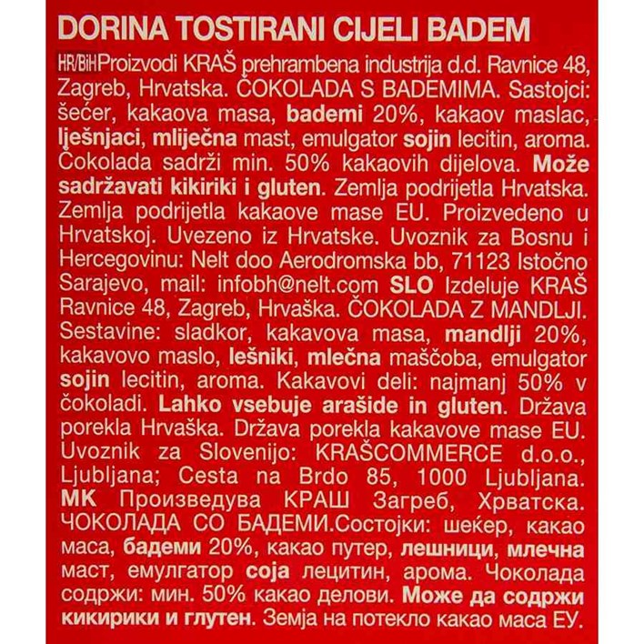 ČOKOLADA DORINA TOSTIRANI CIJELI BADEM 220g KRAŠ