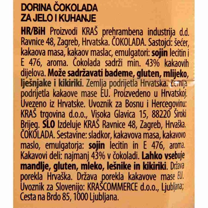 ČOKOLADA ZA KUHANJE DORINA 100g KRAŠ