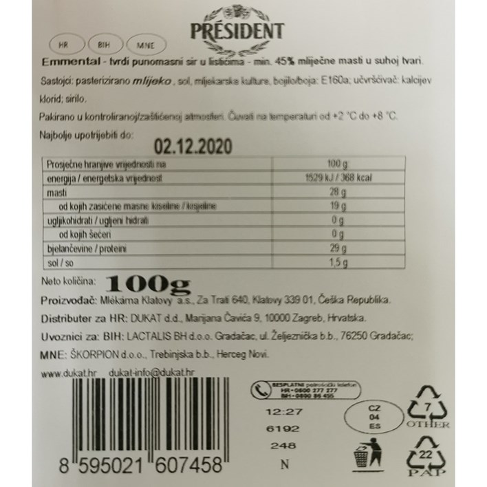 SIR PRESIDENT EMMENTAL SLICE 100g DUKAT