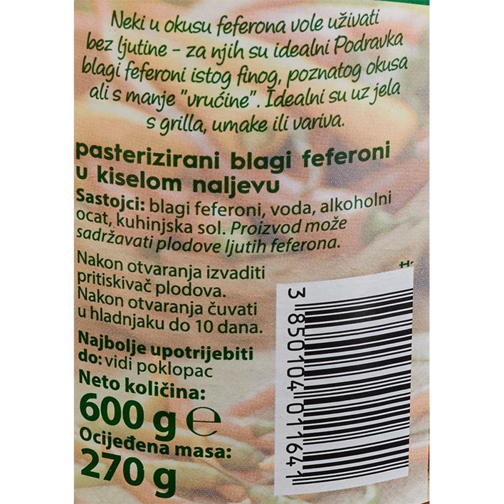 FEFERONI BLAGI 600g PODRAVKA