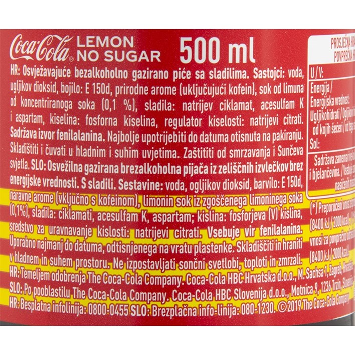 SOK GAZIRANI COCA COLA ZERO LEMON 0,5l PVC COCA COLA