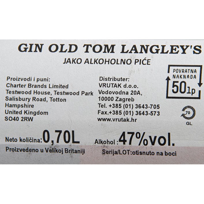 GIN OLD TOM LANGLEYS 0,7l VRUTAK