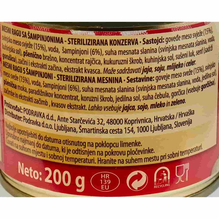 GOTOVO JELO MESNI RAGU SA ŠAMPINJONIMA 200g LIMENKA PODRAVKA