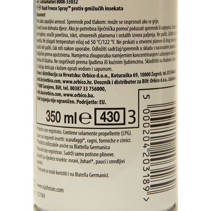 INSEKTICID RAID FREEZE SPRAY PROTIV GMIŽUĆIH INSEKATA 350ml ORBICO