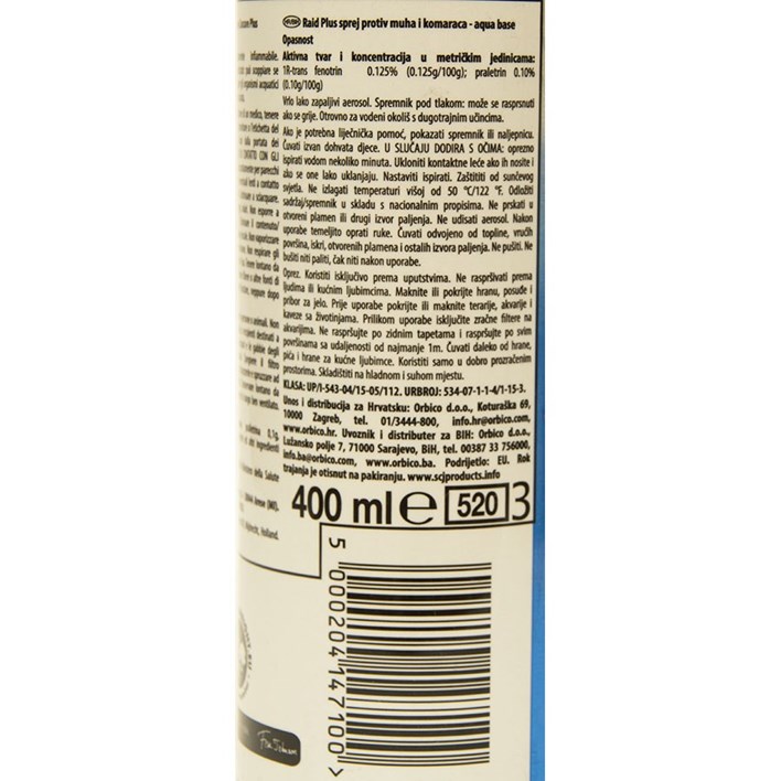 INSEKTICID RAID SPREJ PROTIV MUHA I KOMARACA 400ml ORBICO