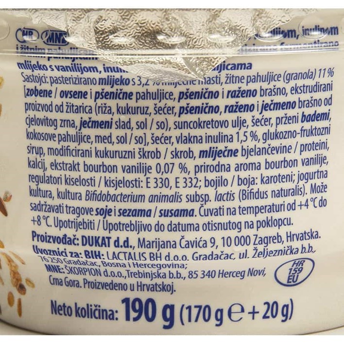 JOGURT SENSIA SNACK VANILIJA ŽITARICE 190g DUKAT