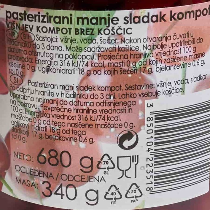 KOMPOT VIŠNJA 680g PODRAVKA