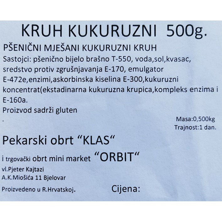 KRUH KUKURUZNI 500g KLAS