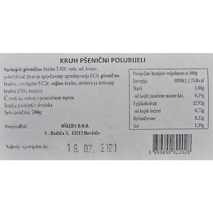 KRUH POLUBIJELI FOLIRANI 700g OŠKERA