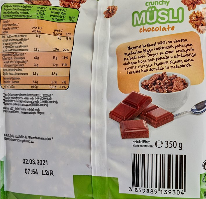 MUESLI CRUNCHY CHOCOLATE 350g AWT