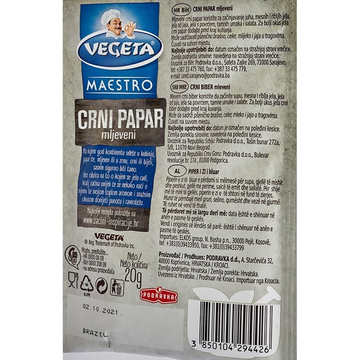 PAPAR CRNI MLJEVENI 20g PODRAVKA