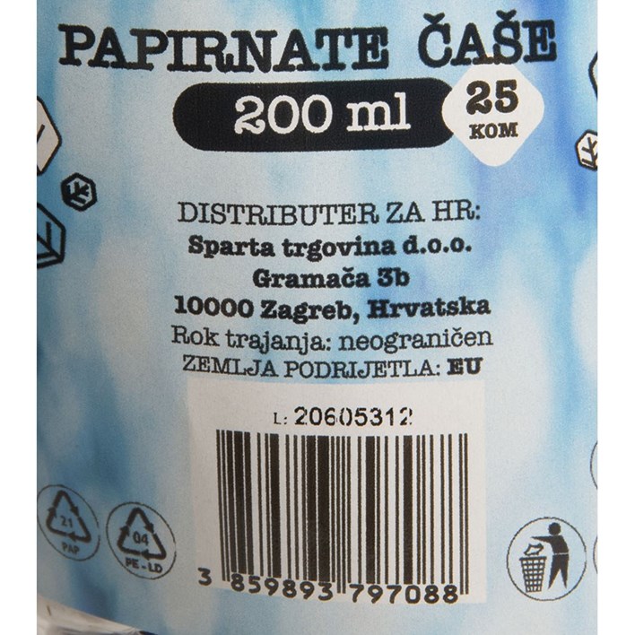 PAPIRNATE ČAŠE PLAVE 200ml 25kom SPARTA TRGOVINA