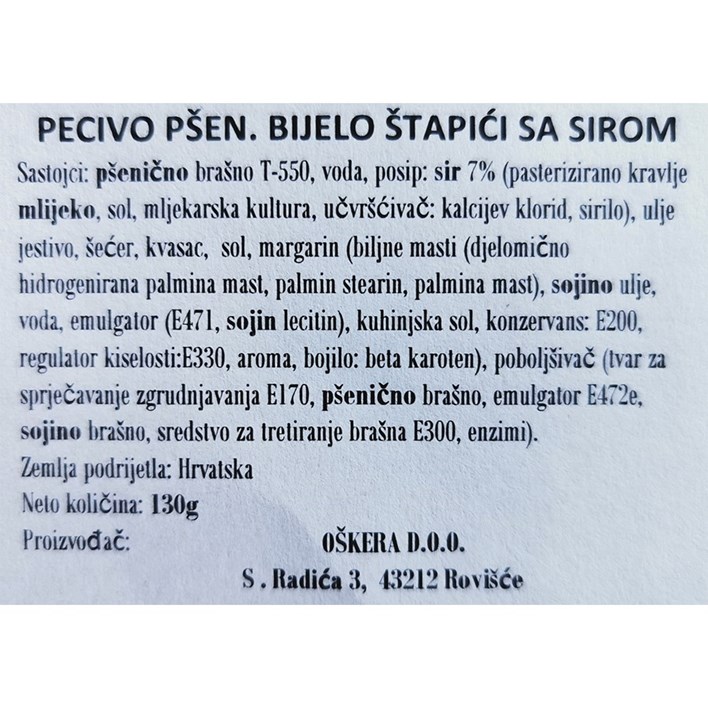 PECIVO PŠENIČNO BIJELO ŠTAPIĆ SIR 130g OšKERA