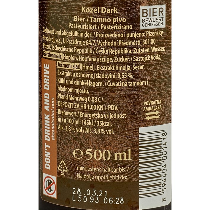 PIVO KOZEL DARK 0,5l POVRATNA AMBALAŽA ATLANTIC