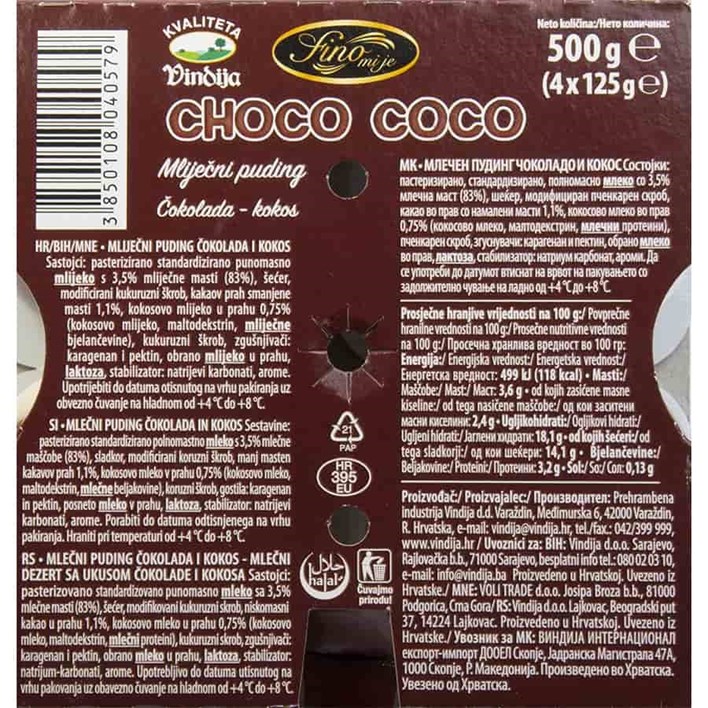 PUDING CHOCO COCO 500g 4X125g VINDIJA