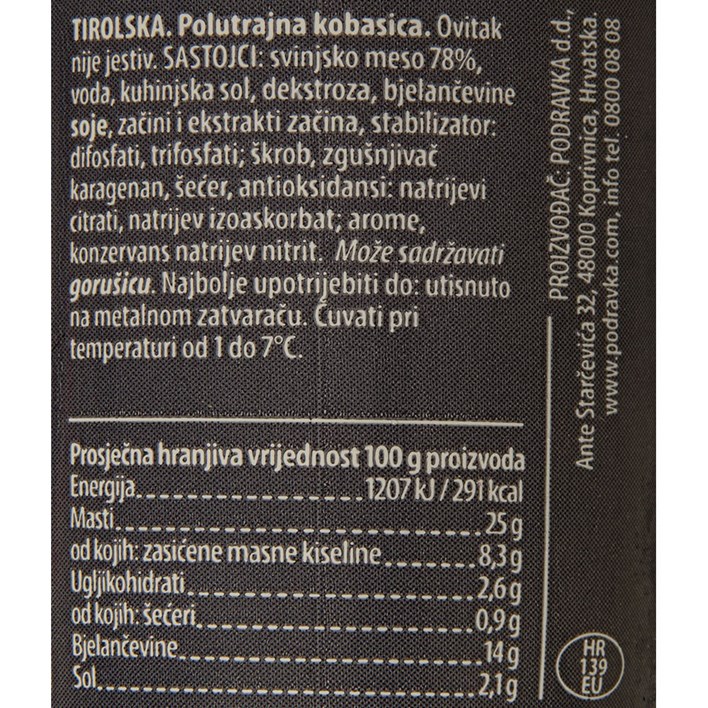 SALAMA TIROLSKA KOBASICA 350g PODRAVKA