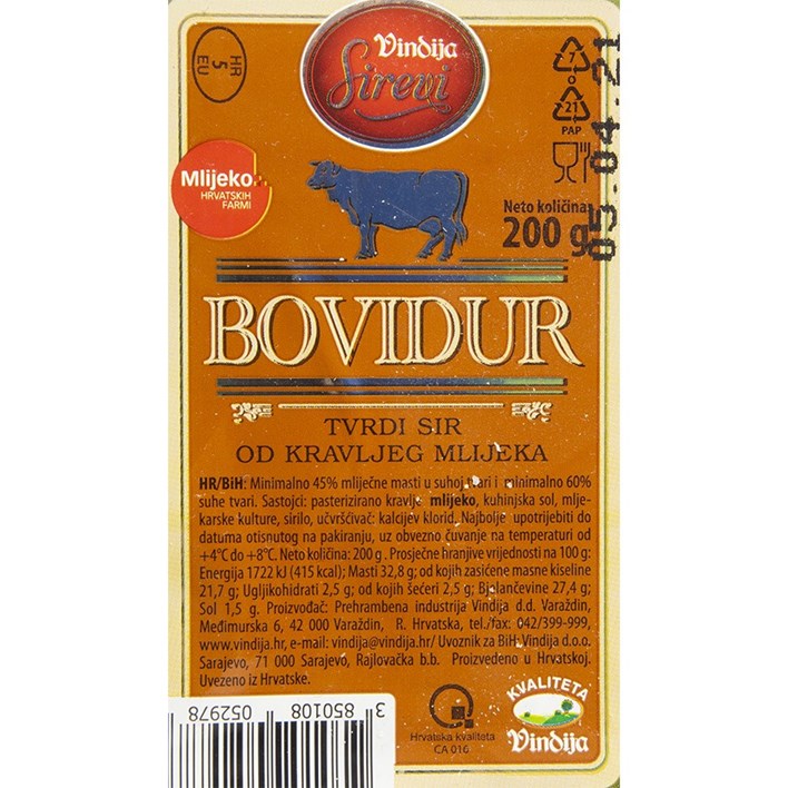 SIR BOVIDUR TVRDI KRAVLJI 200g VINDIJA