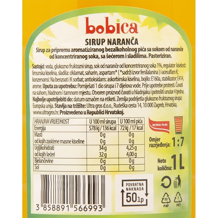 SIRUP BOBICA NARANČA 1l PVC SAMBI