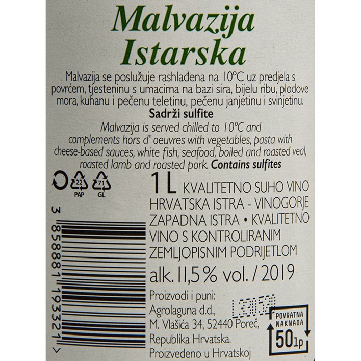 VINO BIJELO MALVAZIJA ISTARSKA 1l JAMNICA