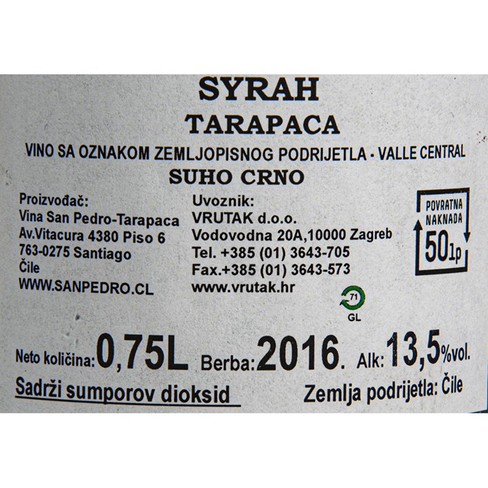 VINO SYRAH TARAPACA 0,75l
