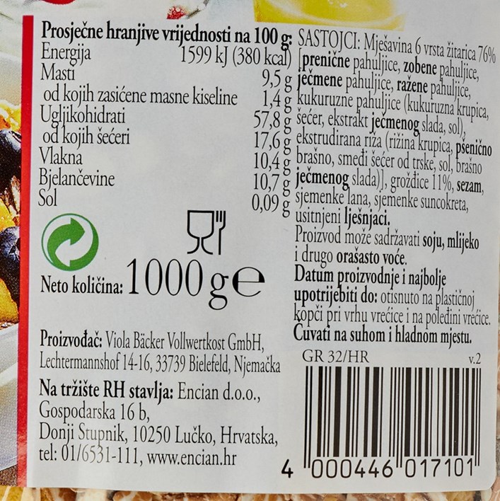 ZDRAVA HRANA MUESLI 6 VRSTA ŽITARICA 1000g ENCIAN